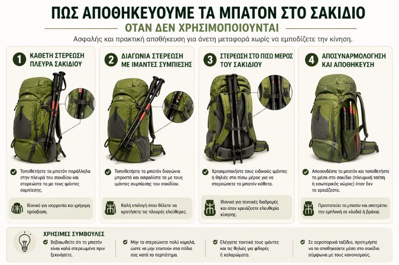 Πώς αποθηκεύονται σωστά τα μπατόν πεζοπορίας στο σακίδιο