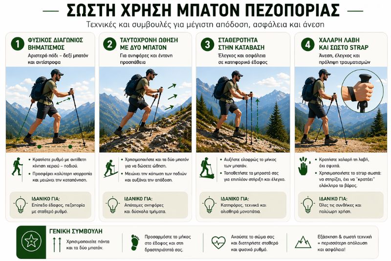 Σωστή τεχνική χρήσης μπατόν πεζοπορίας
