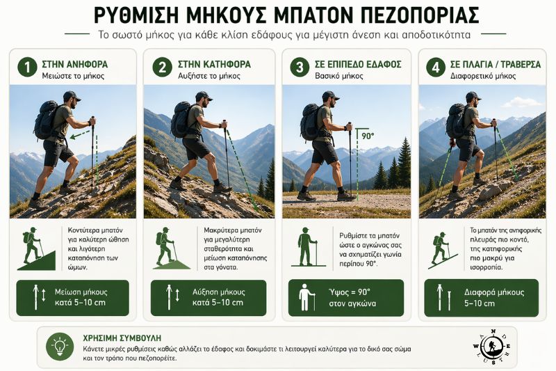 Ρύθμιση μήκους μπατόν πεζοπορίας σε ανηφόρα κατηφόρα και επικλινές έδαφος