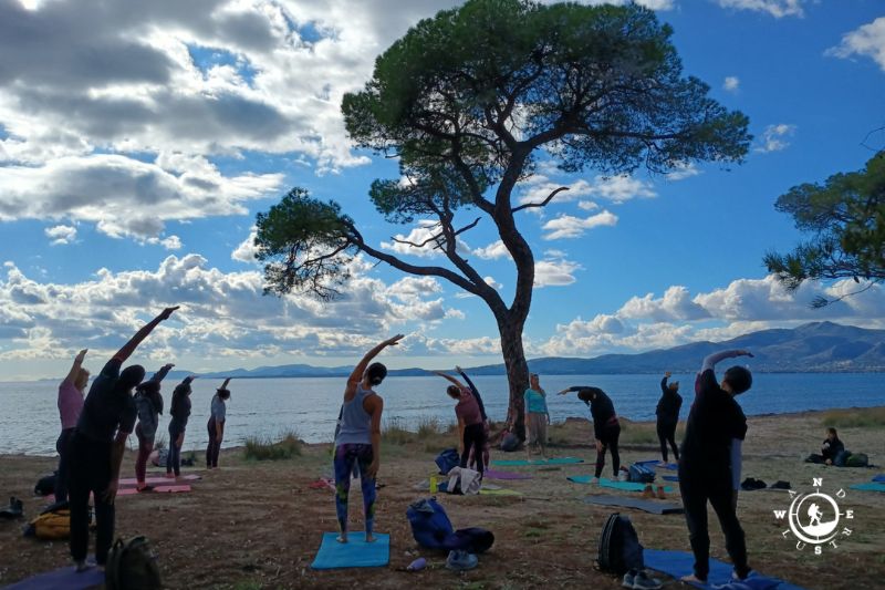 Ομαδική πρακτική yoga και διατάσεων στη φύση, δίπλα στη θάλασσα του Εθνικού Πάρκου Σχινιά