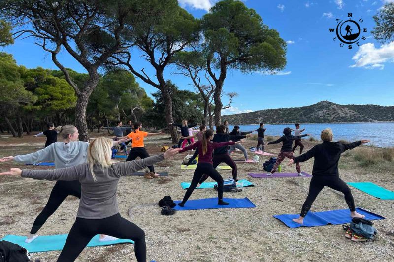 Ομαδική εξάσκηση σε όρθιες στάσεις yoga μέσα στο πευκοδάσος του Σχινιά