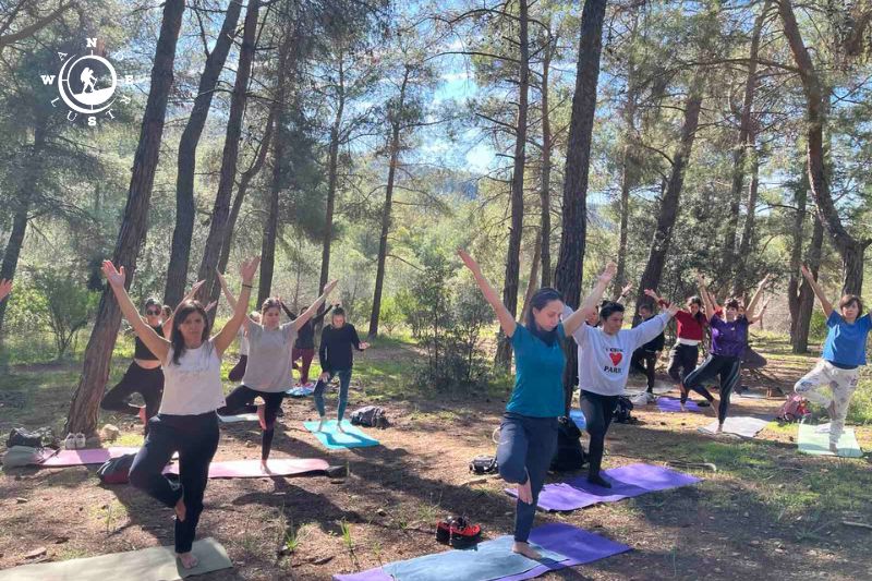Συμμετέχοντες σε δυναμική στάση yoga σε ανοιχτό χώρο μέσα στο δάσος του Υμηττού.