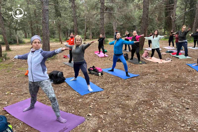 Συμμετέχοντες σε πρακτική yoga σε δασικό περιβάλλον κατά τη διάρκεια του Hiking & Yoga.